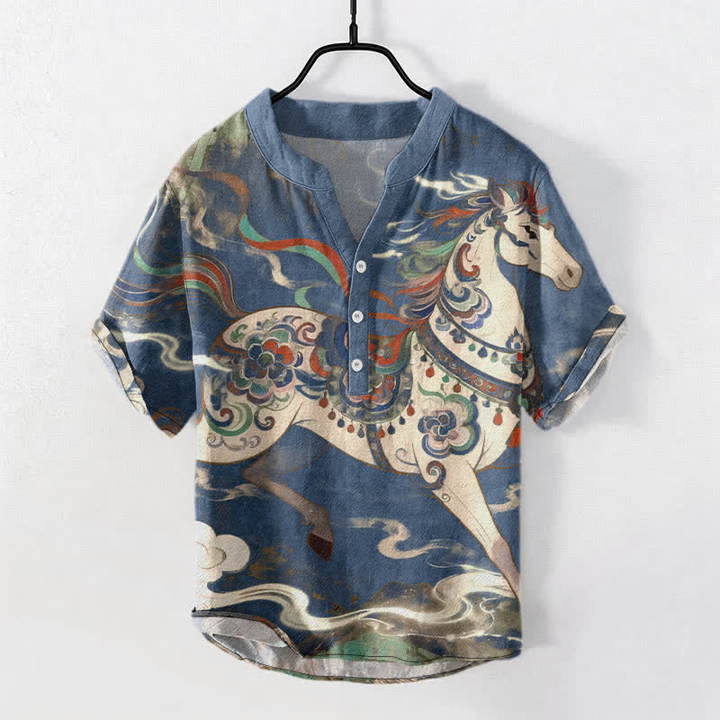 Buddha Stones Cotton Ornamental Running Horse Pattern Men's Short Sleeve Half Button Shirt - SteelBlue - US/UK/AU50,EU60 (5XL) - image 0