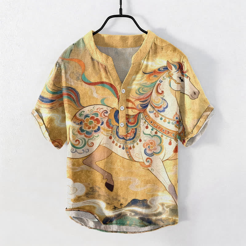 Buddha Stones Cotton Ornamental Running Horse Pattern Men's Short Sleeve Half Button Shirt - Gold - US/UK/AU50,EU60 (5XL) - image 5