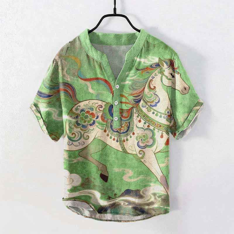 Buddha Stones Cotton Ornamental Running Horse Pattern Men's Short Sleeve Half Button Shirt - LightGreen - US/UK/AU50,EU60 (5XL) - image 10