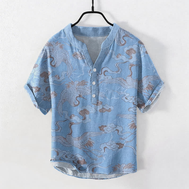 Buddha Stones Cotton Crane Clouds Pattern Men's Short Sleeve Half Button Shirt - LightBlue - US/UK/AU50,EU60 (5XL) - image 0