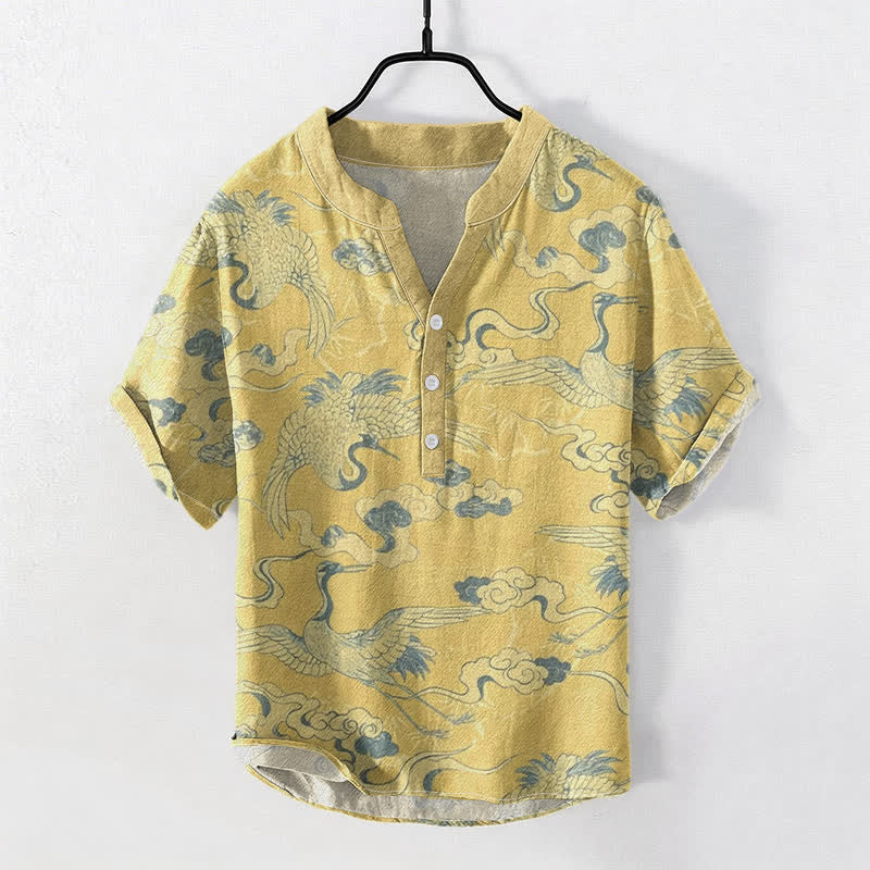 Buddha Stones Cotton Crane Clouds Pattern Men's Short Sleeve Half Button Shirt - Khaki - US/UK/AU50,EU60 (5XL) - image 3