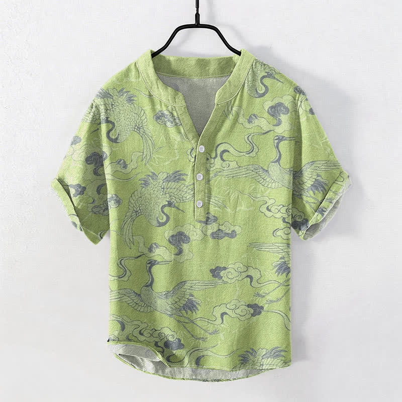 Buddha Stones Cotton Crane Clouds Pattern Men's Short Sleeve Half Button Shirt - LightGreen - US/UK/AU50,EU60 (5XL) - image 6
