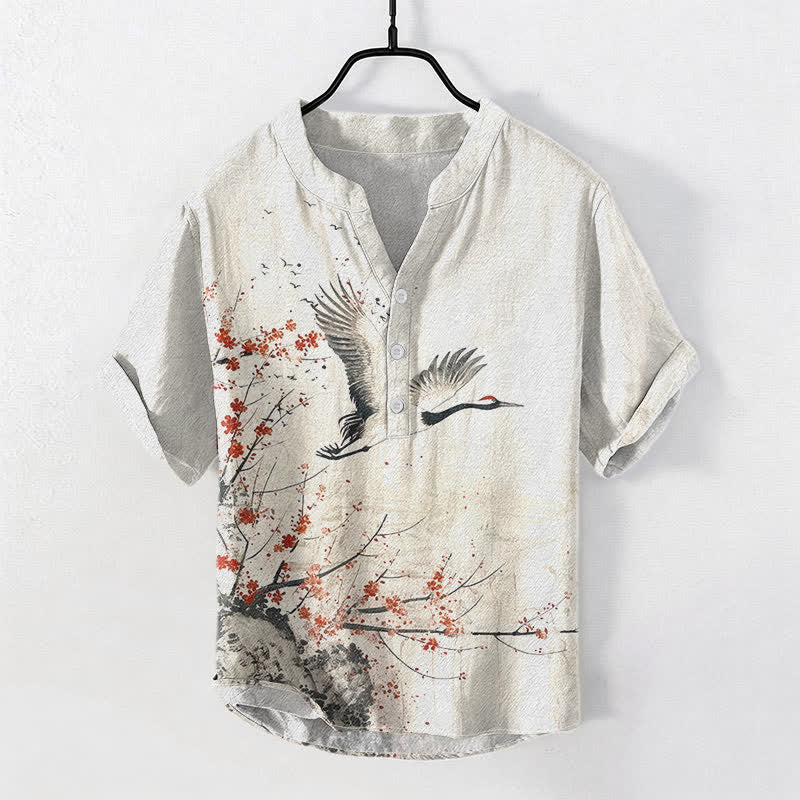 Buddha Stones Cotton Crane Plum Blossom Pattern Men's Short Sleeve Half Button Shirt - Linen - US/UK/AU50,EU60 (5XL) - image 0