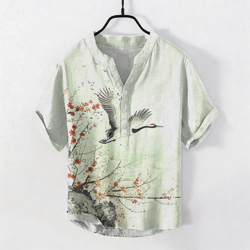 Buddha Stones Cotton Crane Plum Blossom Pattern Men's Short Sleeve Half Button Shirt - MintCream - US/UK/AU50,EU60 (5XL) - image 3