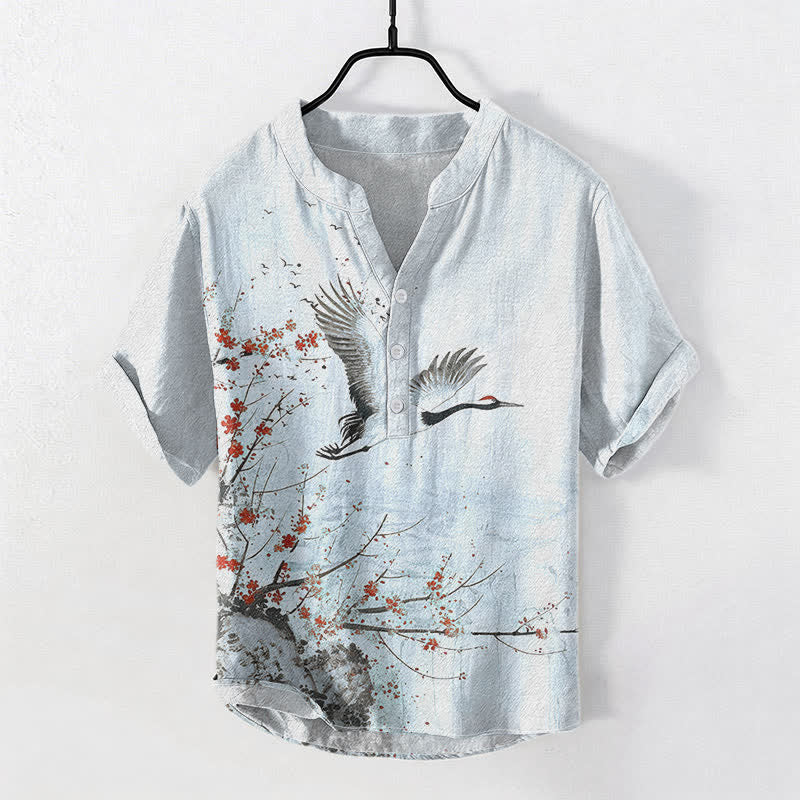Buddha Stones Cotton Crane Plum Blossom Pattern Men's Short Sleeve Half Button Shirt - LightBlue - US/UK/AU50,EU60 (5XL) - image 6