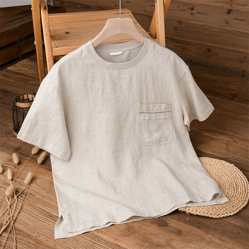 Buddha Stones Summer Casual Minimalist Solid Men's Short Sleeve T-Shirts With Patch Pocket - Linen - US/UK/AU42,EU52 (3XL) - image 0