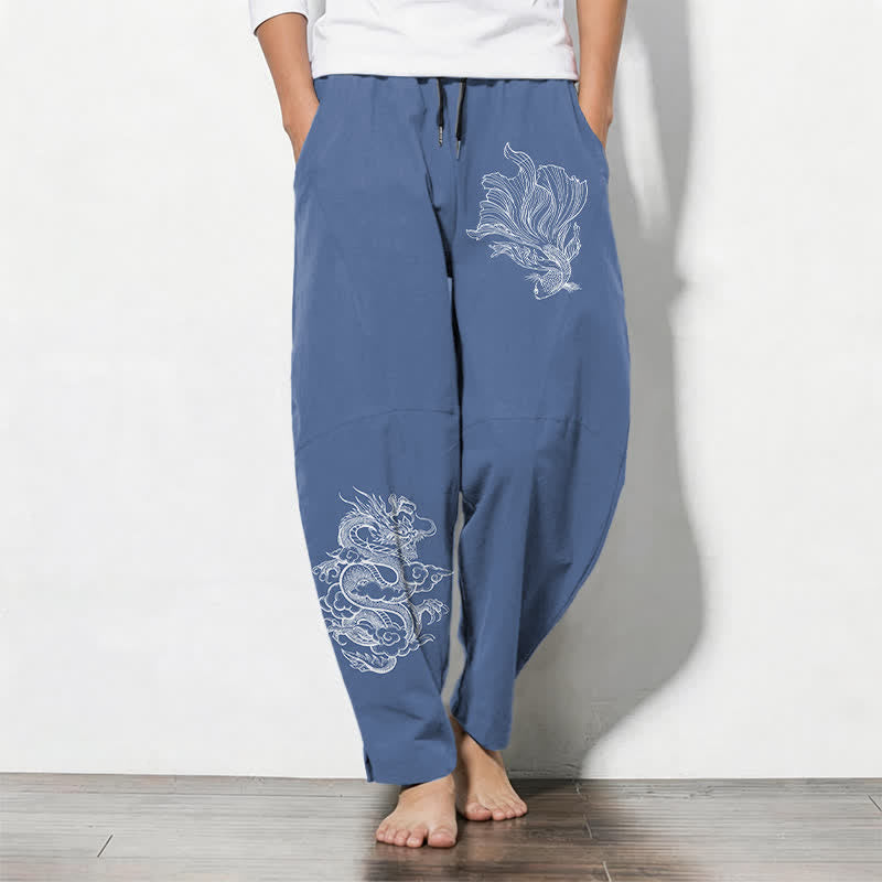 Buddha Stones Pure Cotton Koi Dragon Pattern Drawstring Men's Tapered Pants With Pockets - SteelBlue - US/UK/AU50,EU60 (5XL) - image 0