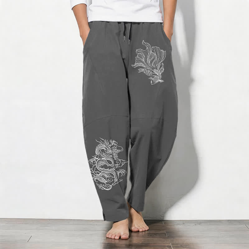 Buddha Stones Pure Cotton Koi Dragon Pattern Drawstring Men's Tapered Pants With Pockets - DimGray - US/UK/AU50,EU60 (5XL) - image 7