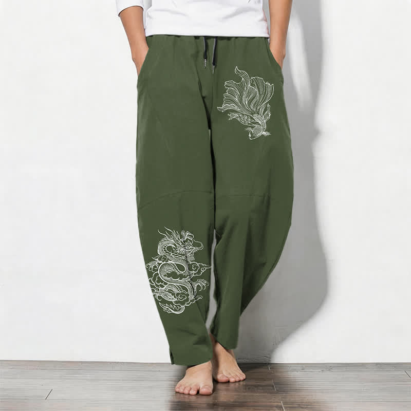 Buddha Stones Pure Cotton Koi Dragon Pattern Drawstring Men's Tapered Pants With Pockets - DarkOliveGreen - US/UK/AU50,EU60 (5XL) - image 11