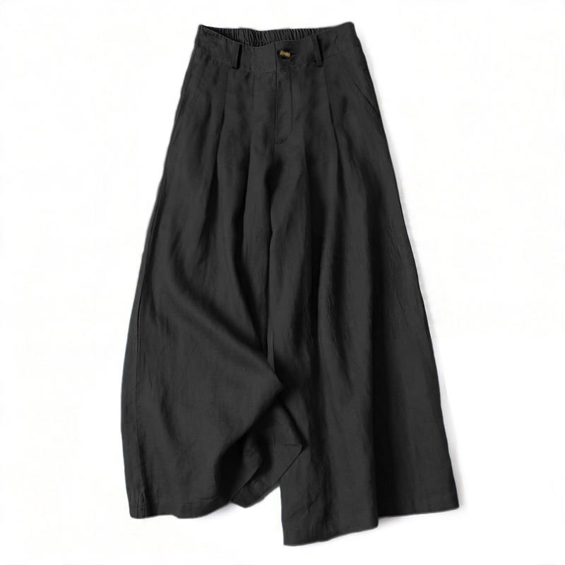 Buddha Stones Summer Elegant Solid Elastic Waist Button Zipper Design Cotton Linen Long Pants Women's Wide Leg Pants With Pockets - Black - US16,UK/AU20,EU48 (3XL) - image 10