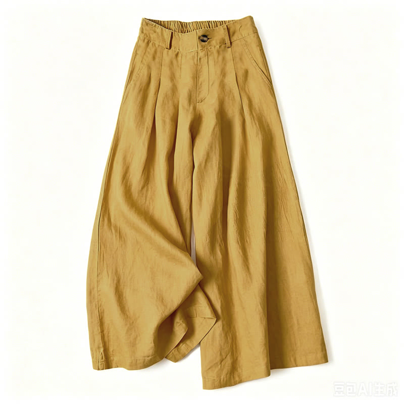 Buddha Stones Summer Elegant Solid Elastic Waist Button Zipper Design Cotton Linen Long Pants Women's Wide Leg Pants With Pockets - Yellow - US16,UK/AU20,EU48 (3XL) - image 9