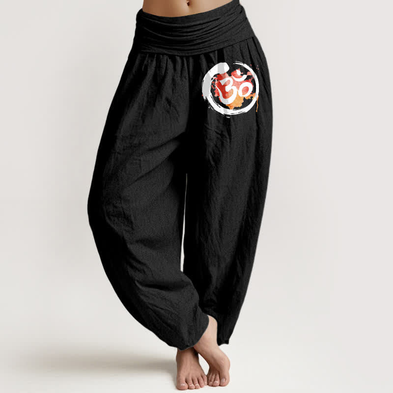 Buddha Stones Pure Cotton Black Circle Red Symbol Pattern Women's Elastic Waist Harem Pants - Black - US16,UK/AU20,EU48 (3XL) - image 5
