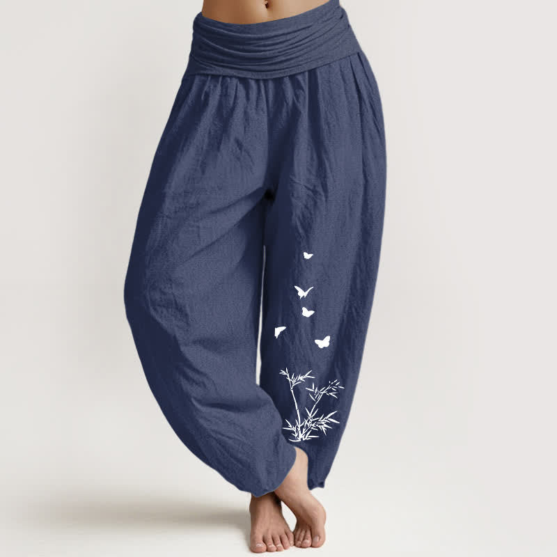 Buddha Stones Pure Cotton Butterfly Bamboo Leaf Pattern Women's Elastic Waist Harem Pants - DarkSlateBlue - US16,UK/AU20,EU48 (3XL) - image 0