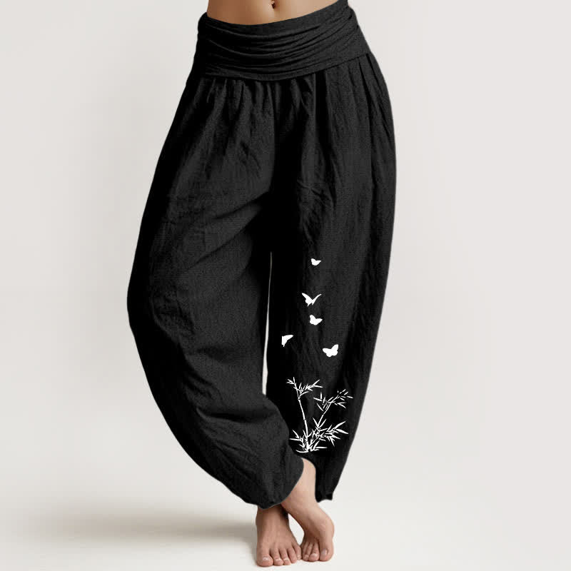Buddha Stones Pure Cotton Butterfly Bamboo Leaf Pattern Women's Elastic Waist Harem Pants - Black - US16,UK/AU20,EU48 (3XL) - image 11