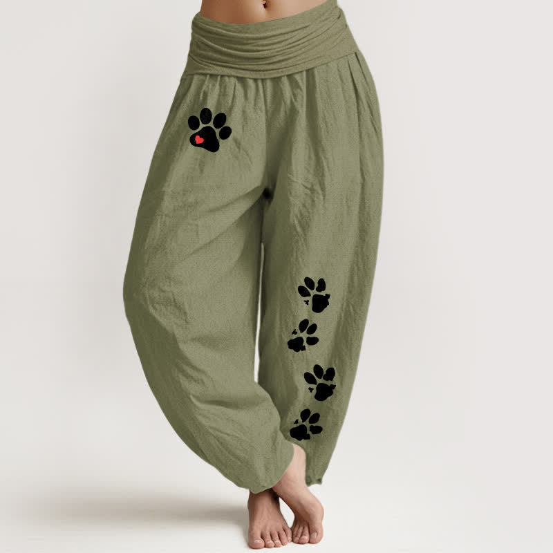 Buddha Stones Pure Cotton White Paw Print Pattern Women's Elastic Waist Harem Pants - OliveDrab - US16,UK/AU20,EU48 (3XL) - image 8