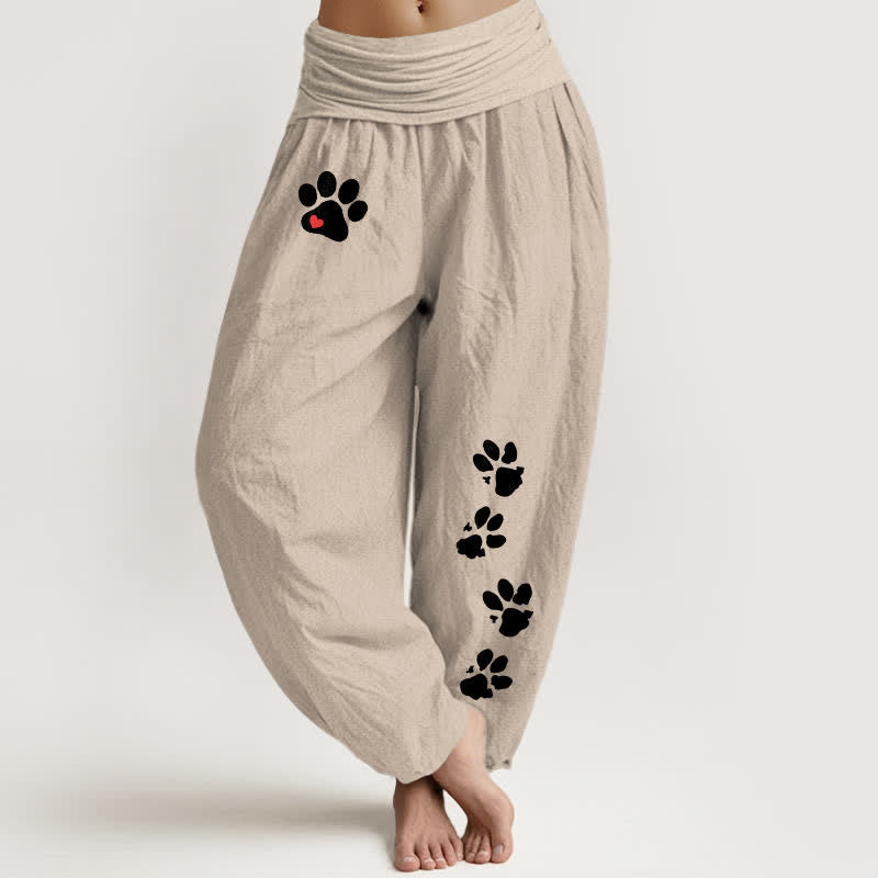 Buddha Stones Pure Cotton White Paw Print Pattern Women's Elastic Waist Harem Pants - OldLace - US16,UK/AU20,EU48 (3XL) - image 14