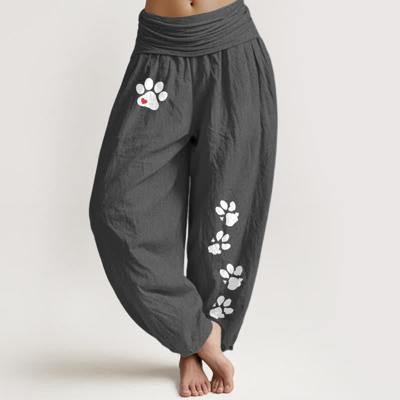 Buddha Stones Pure Cotton White Paw Print Pattern Women's Elastic Waist Harem Pants - DimGray - US16,UK/AU20,EU48 (3XL) - image 5