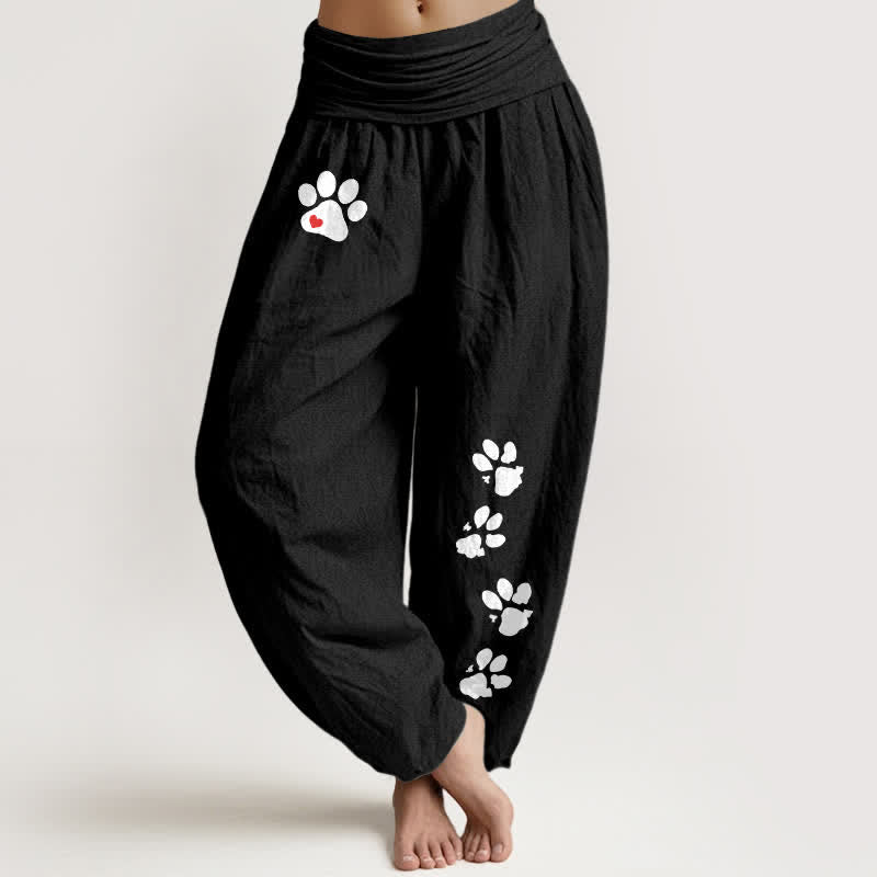 Buddha Stones Pure Cotton White Paw Print Pattern Women's Elastic Waist Harem Pants - Black - US16,UK/AU20,EU48 (3XL) - image 0