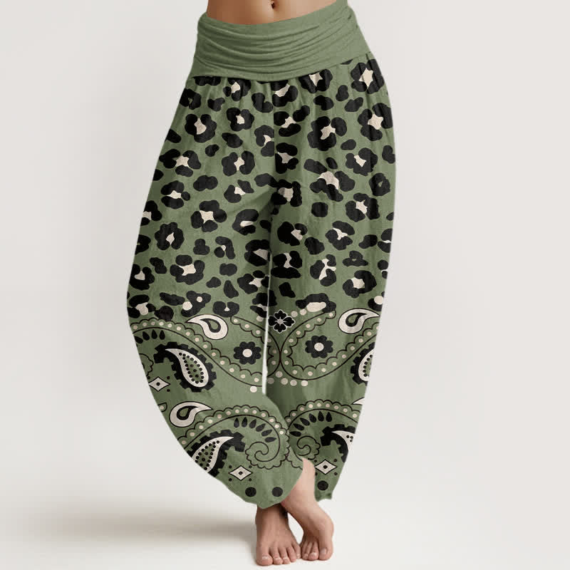 Buddha Stones Cotton Olive Leopard Paisley Pattern Women's Elastic Waist Harem Pants - OliveDrab - US16,UK/AU20,EU48 (3XL) - image 0