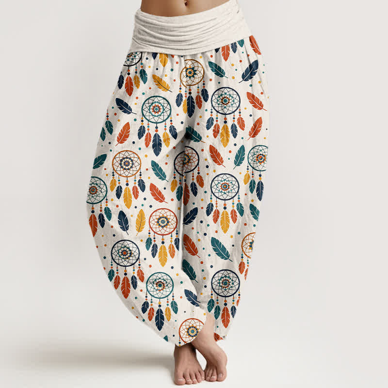 Buddha Stones Cotton Dreamcatcher Feather Pattern Women's Elastic Waist Harem Pants - White - US16,UK/AU20,EU48 (3XL) - image 0