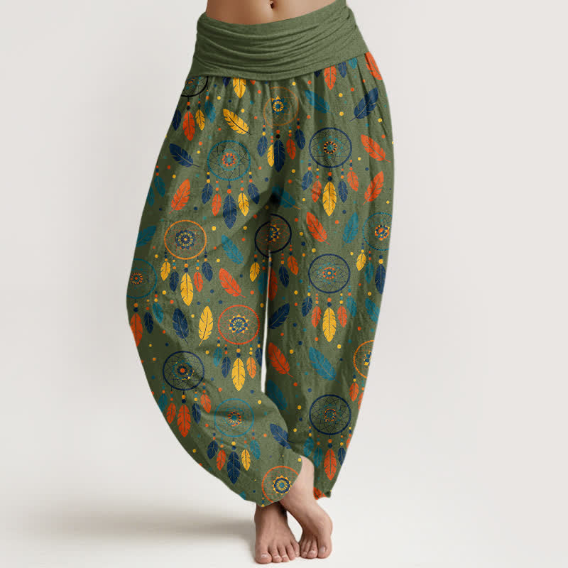 Buddha Stones Cotton Dreamcatcher Feather Pattern Women's Elastic Waist Harem Pants - OliveDrab - US16,UK/AU20,EU48 (3XL) - image 5