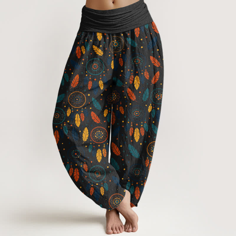 Buddha Stones Cotton Dreamcatcher Feather Pattern Women's Elastic Waist Harem Pants - Black - US16,UK/AU20,EU48 (3XL) - image 8