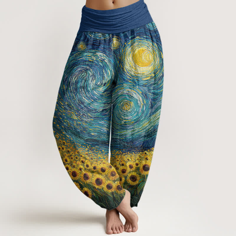 Buddha Stones Cotton Starry Night Sunflower Pattern Women's Elastic Waist Harem Pants - RoyalBlue - US16,UK/AU20,EU48 (3XL) - image 0