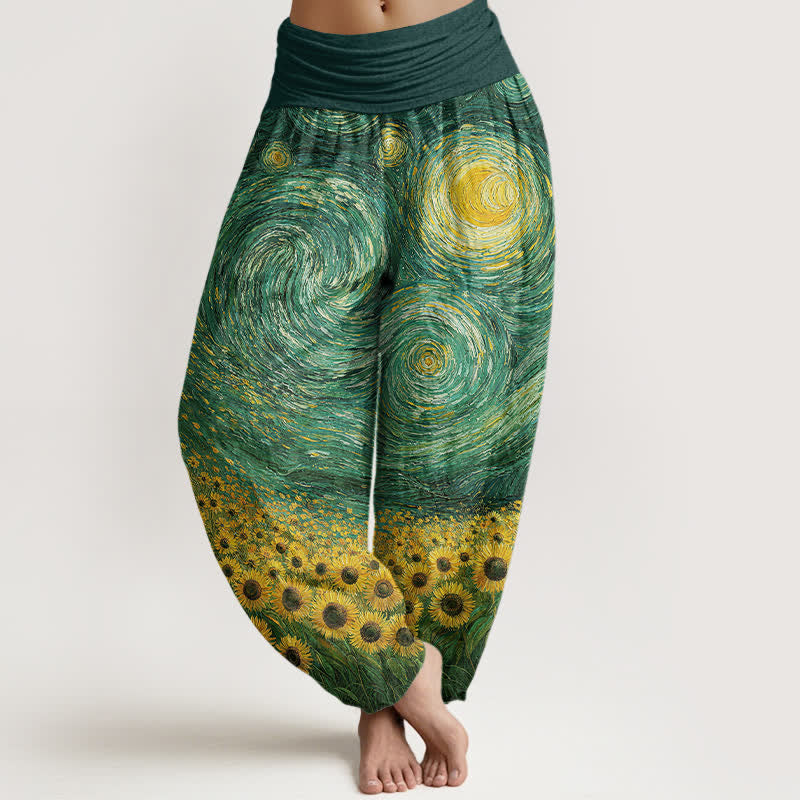 Buddha Stones Cotton Starry Night Sunflower Pattern Women's Elastic Waist Harem Pants - SeaGreen - US16,UK/AU20,EU48 (3XL) - image 5