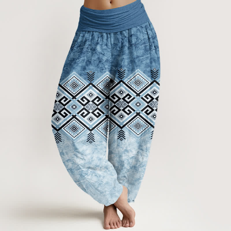 Buddha Stones Cotton Tribal Geometric Pattern Women's Elastic Waist Harem Pants - SteelBlue - US16,UK/AU20,EU48 (3XL) - image 5