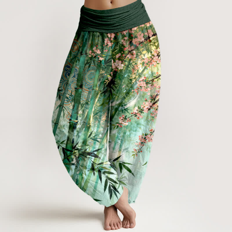 Buddha Stones Cotton Bamboo Cherry Blossom Pattern Women's Elastic Waist Harem Pants - SeaGreen - US16,UK/AU20,EU48 (3XL) - image 0