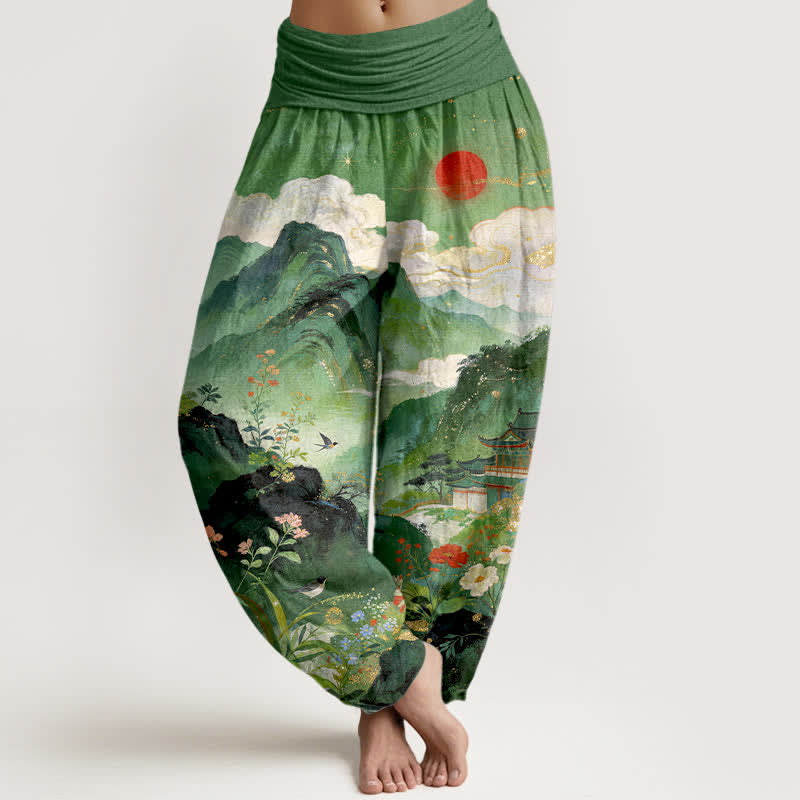 Buddha Stones Cotton Mountain Pavilion Sun Pattern Women's Elastic Waist Harem Pants - SeaGreen - US16,UK/AU20,EU48 (3XL) - image 0