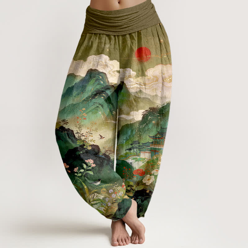 Buddha Stones Cotton Mountain Pavilion Sun Pattern Women's Elastic Waist Harem Pants - Olive - US16,UK/AU20,EU48 (3XL) - image 5