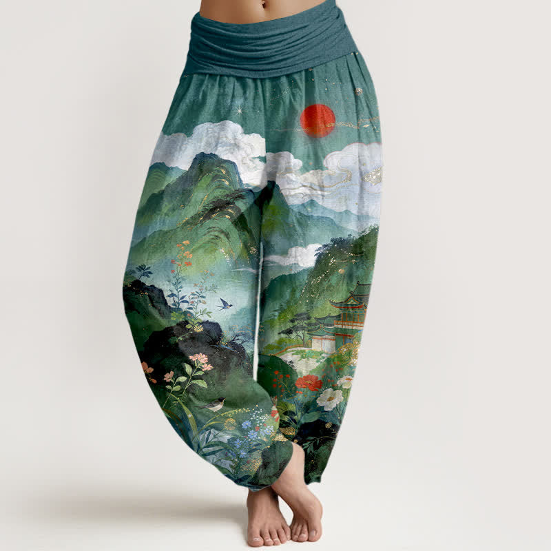 Buddha Stones Cotton Mountain Pavilion Sun Pattern Women's Elastic Waist Harem Pants - Teal - US16,UK/AU20,EU48 (3XL) - image 8