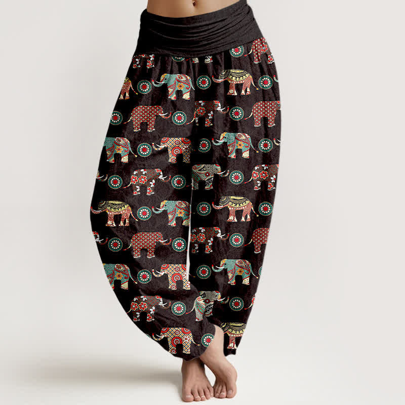 Buddha Stones Cotton Elephant Mandala Pattern Women's Elastic Waist Harem Pants - Black - US16,UK/AU20,EU48 (3XL) - image 0