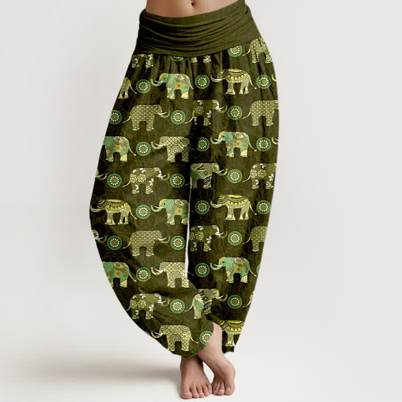 Buddha Stones Cotton Elephant Mandala Pattern Women's Elastic Waist Harem Pants - DarkOliveGreen - US16,UK/AU20,EU48 (3XL) - image 5