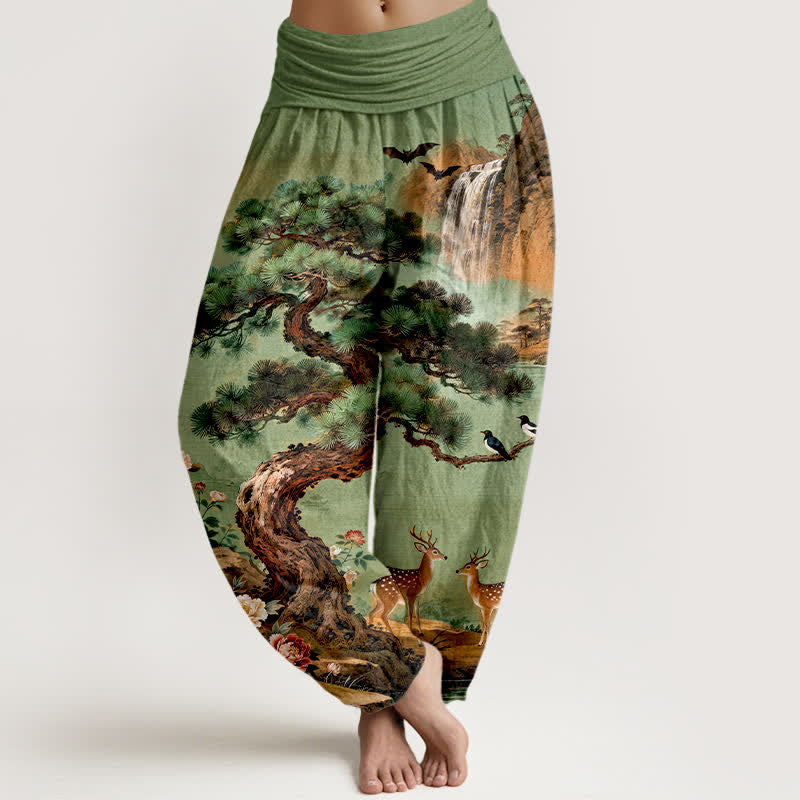 Buddha Stones Cotton Mountain Pine Deer Pattern Women's Elastic Waist Harem Pants - SeaGreen - US16,UK/AU20,EU48 (3XL) - image 0