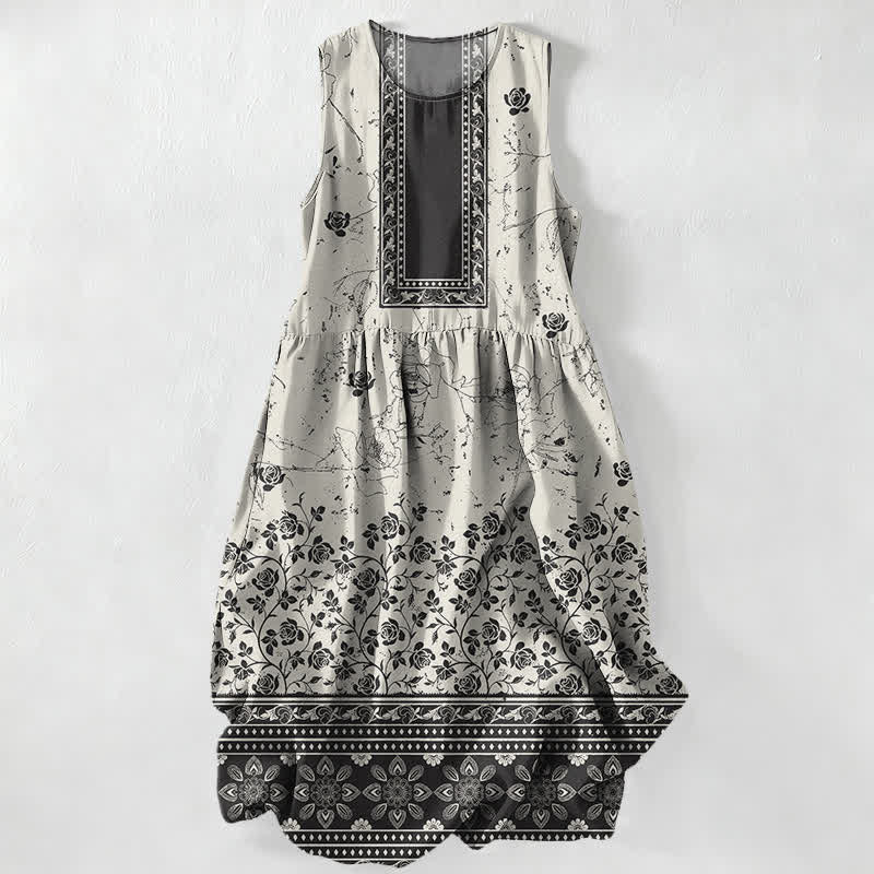 Buddha Stones Summer Casual Vintage Floral Border Pattern Women's Summer Sleeveless Midi Dress With Pockets - Ivory - US16,UK/AU20,EU48 (3XL) - image 0
