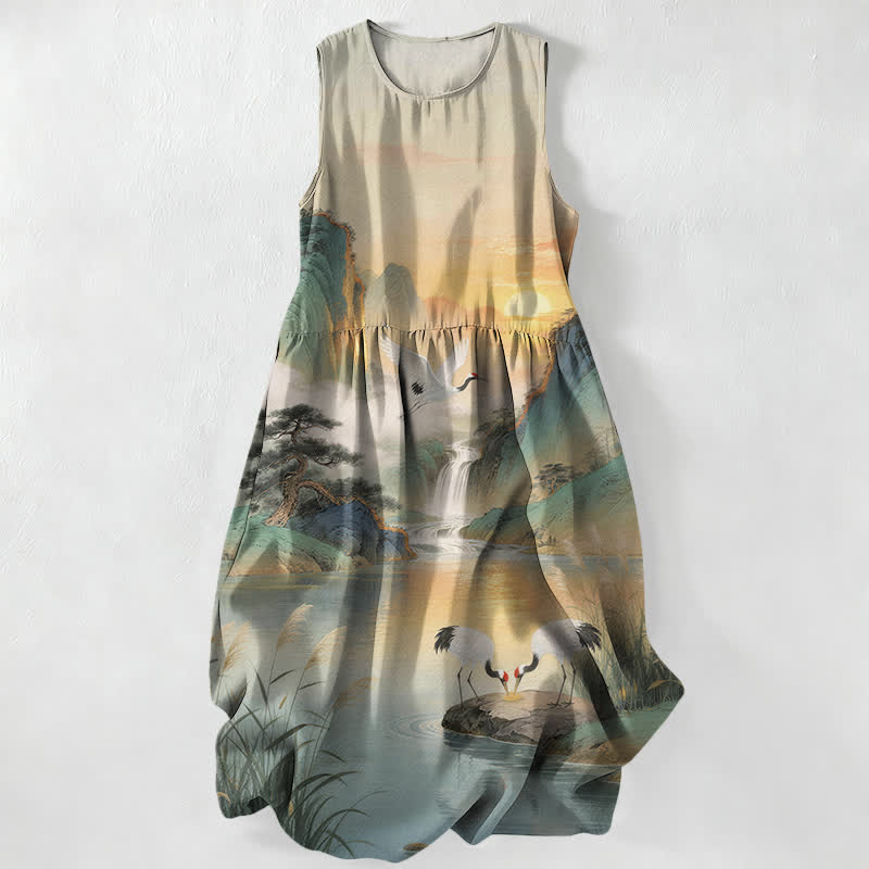 Buddha Stones Summer Casual Crane Waterfall Landscape Pattern Women's Summer Sleeveless Midi Dress With Pockets - Gainsboro - US16,UK/AU20,EU48 (3XL) - image 0