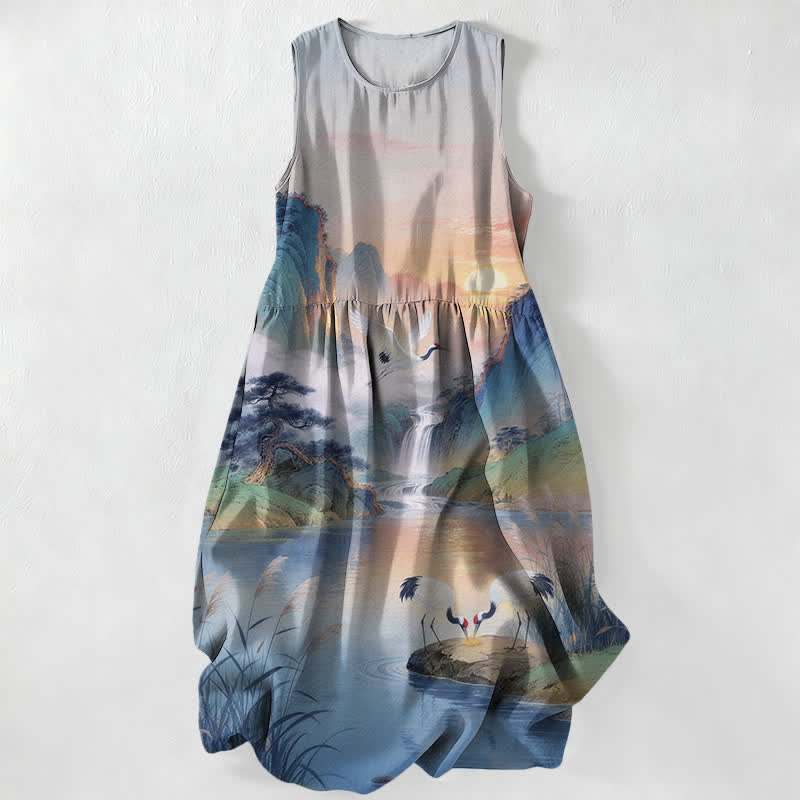 Buddha Stones Summer Casual Crane Waterfall Landscape Pattern Women's Summer Sleeveless Midi Dress With Pockets - LightSteelBlue - US16,UK/AU20,EU48 (3XL) - image 4