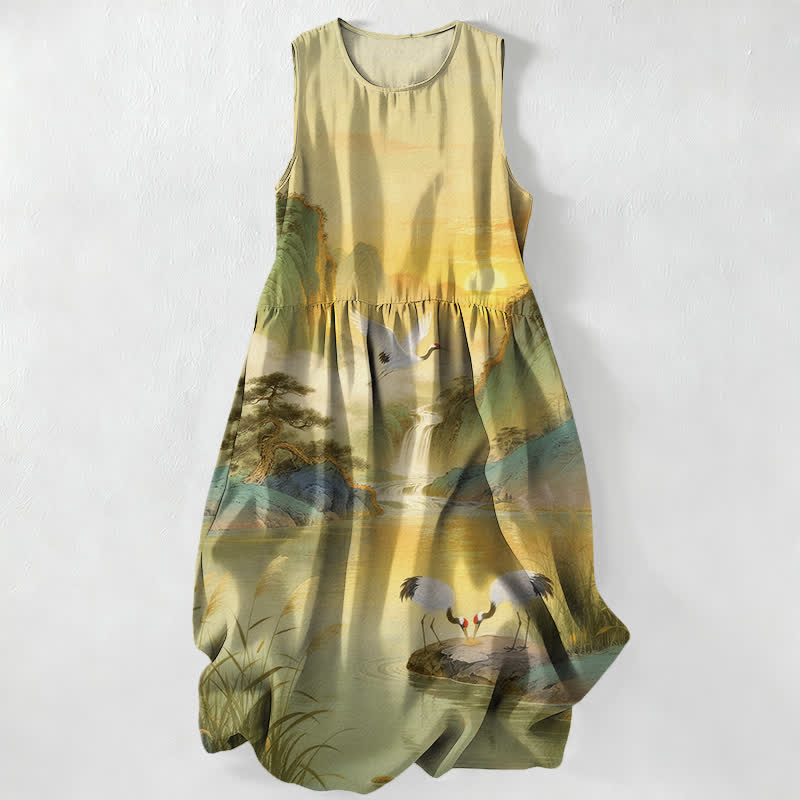 Buddha Stones Summer Casual Crane Waterfall Landscape Pattern Women's Summer Sleeveless Midi Dress With Pockets - Khaki - US16,UK/AU20,EU48 (3XL) - image 5