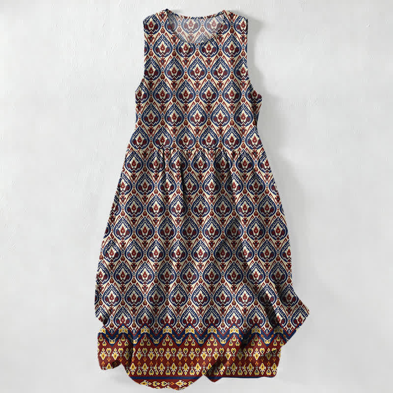 Buddha Stones Summer Casual Bohemian Ikat Geometric Pattern Women's Summer Sleeveless Midi Dress With Pockets - DarkRed - US16,UK/AU20,EU48 (3XL) - image 0