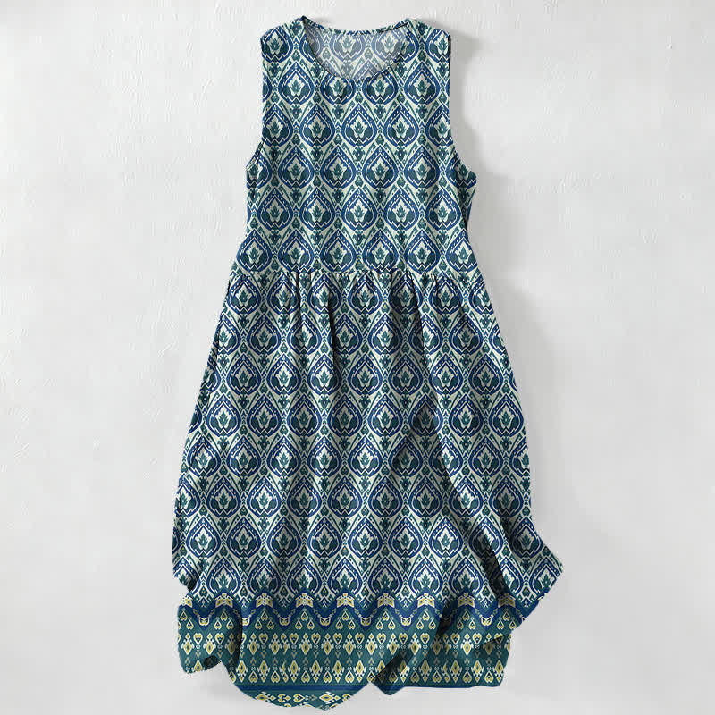 Buddha Stones Summer Casual Bohemian Ikat Geometric Pattern Women's Summer Sleeveless Midi Dress With Pockets - SteelBlue - US16,UK/AU20,EU48 (3XL) - image 4