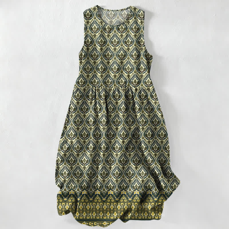 Buddha Stones Summer Casual Bohemian Ikat Geometric Pattern Women's Summer Sleeveless Midi Dress With Pockets - DarkOliveGreen - US16,UK/AU20,EU48 (3XL) - image 5