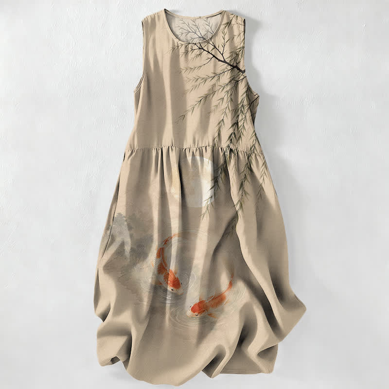 Buddha Stones Summer Casual Ink Koi Willow Pattern Women's Summer Sleeveless Midi Dress With Pockets - Tan - US16,UK/AU20,EU48 (3XL) - image 0