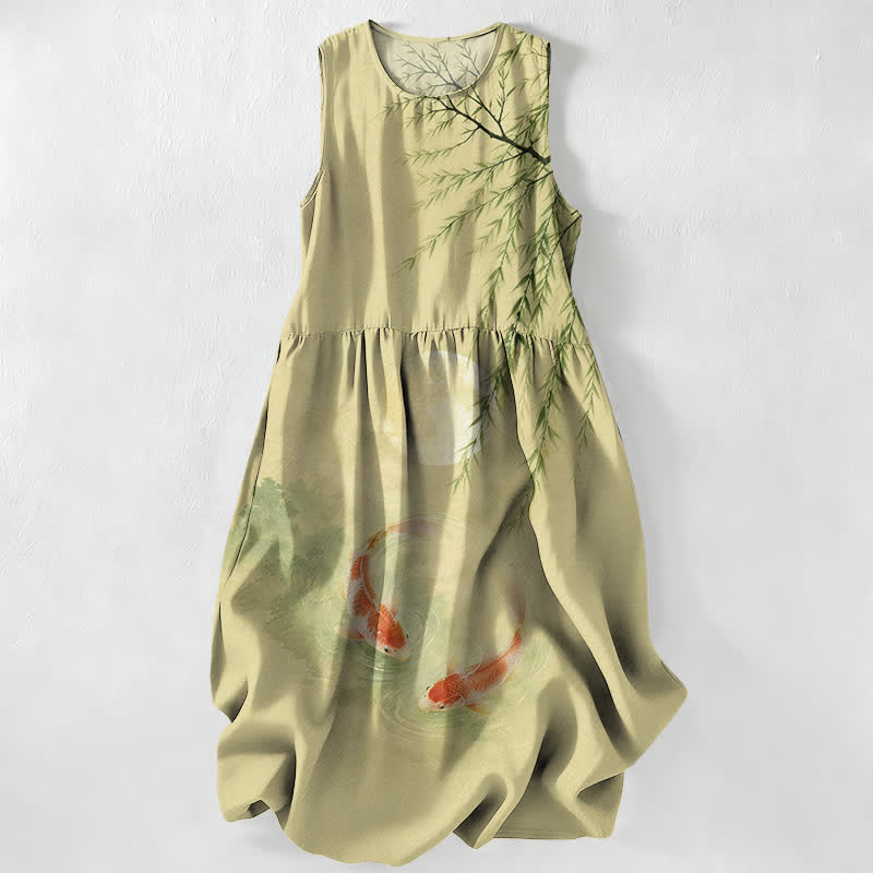 Buddha Stones Summer Casual Ink Koi Willow Pattern Women's Summer Sleeveless Midi Dress With Pockets - YellowGreen - US16,UK/AU20,EU48 (3XL) - image 4