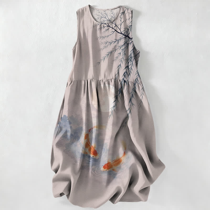 Buddha Stones Summer Casual Ink Koi Willow Pattern Women's Summer Sleeveless Midi Dress With Pockets - Gainsboro - US16,UK/AU20,EU48 (3XL) - image 5