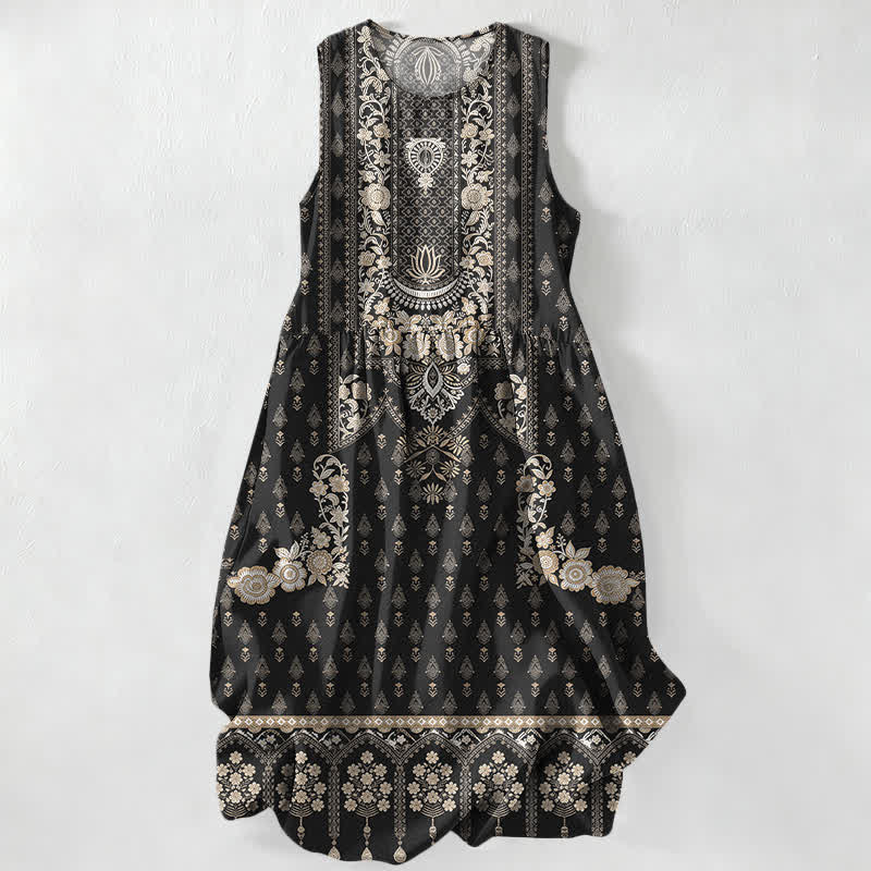 Buddha Stones Summer Casual Boho Ethnic Medallion Pattern Women's Summer Sleeveless Midi Dress With Pockets - Black - US16,UK/AU20,EU48 (3XL) - image 0