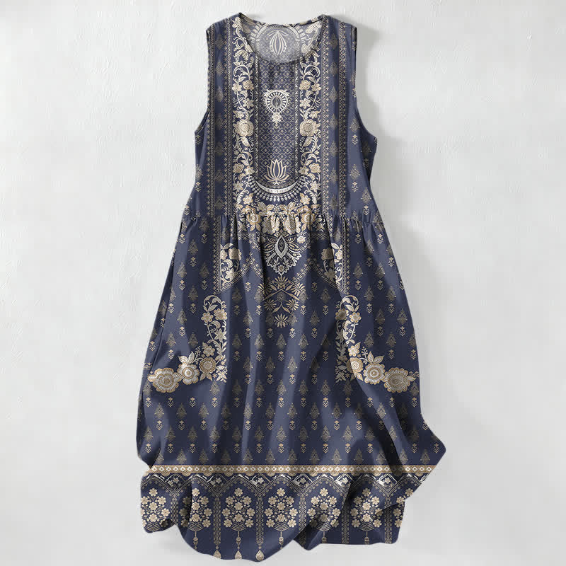 Buddha Stones Summer Casual Boho Ethnic Medallion Pattern Women's Summer Sleeveless Midi Dress With Pockets - Navy - US16,UK/AU20,EU48 (3XL) - image 5