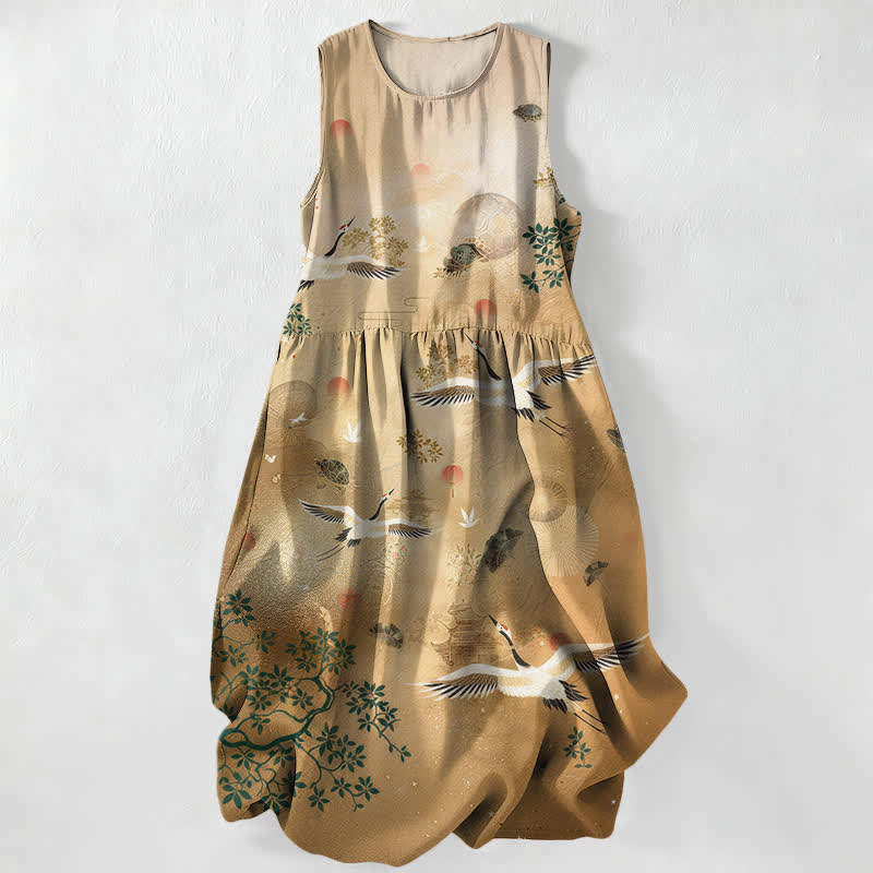 Buddha Stones Summer Casual Crane Botanical Sun Pattern Women's Summer Sleeveless Midi Dress With Pockets - BurlyWood - US16,UK/AU20,EU48 (3XL) - image 0