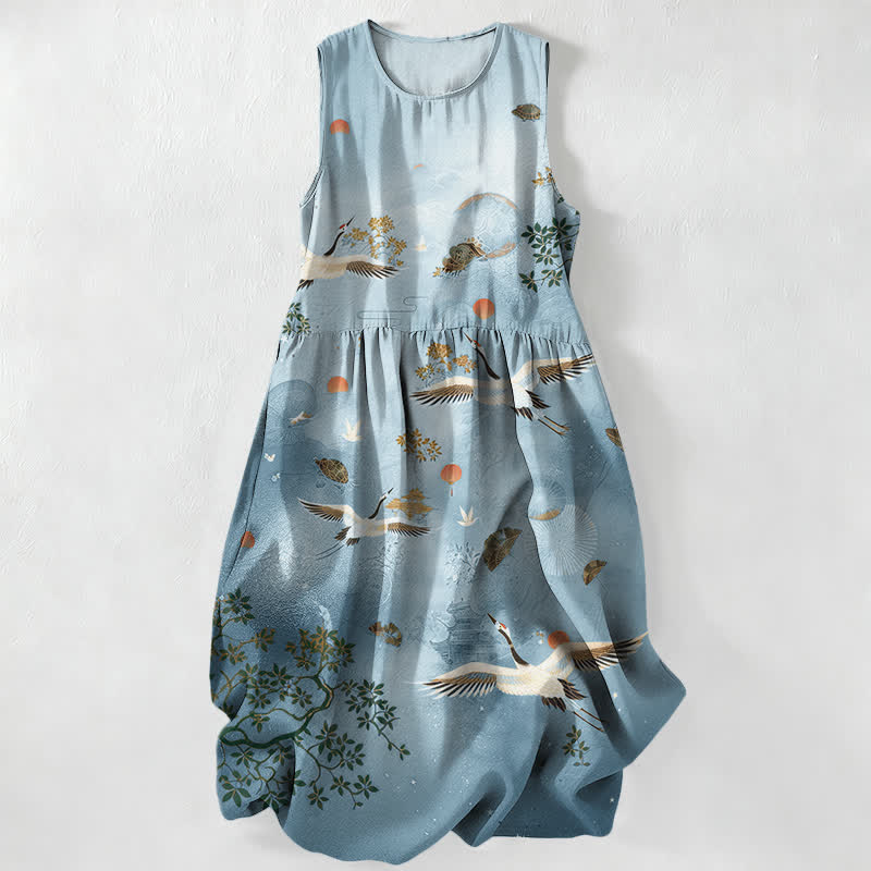 Buddha Stones Summer Casual Crane Botanical Sun Pattern Women's Summer Sleeveless Midi Dress With Pockets - PowderBlue - US16,UK/AU20,EU48 (3XL) - image 4